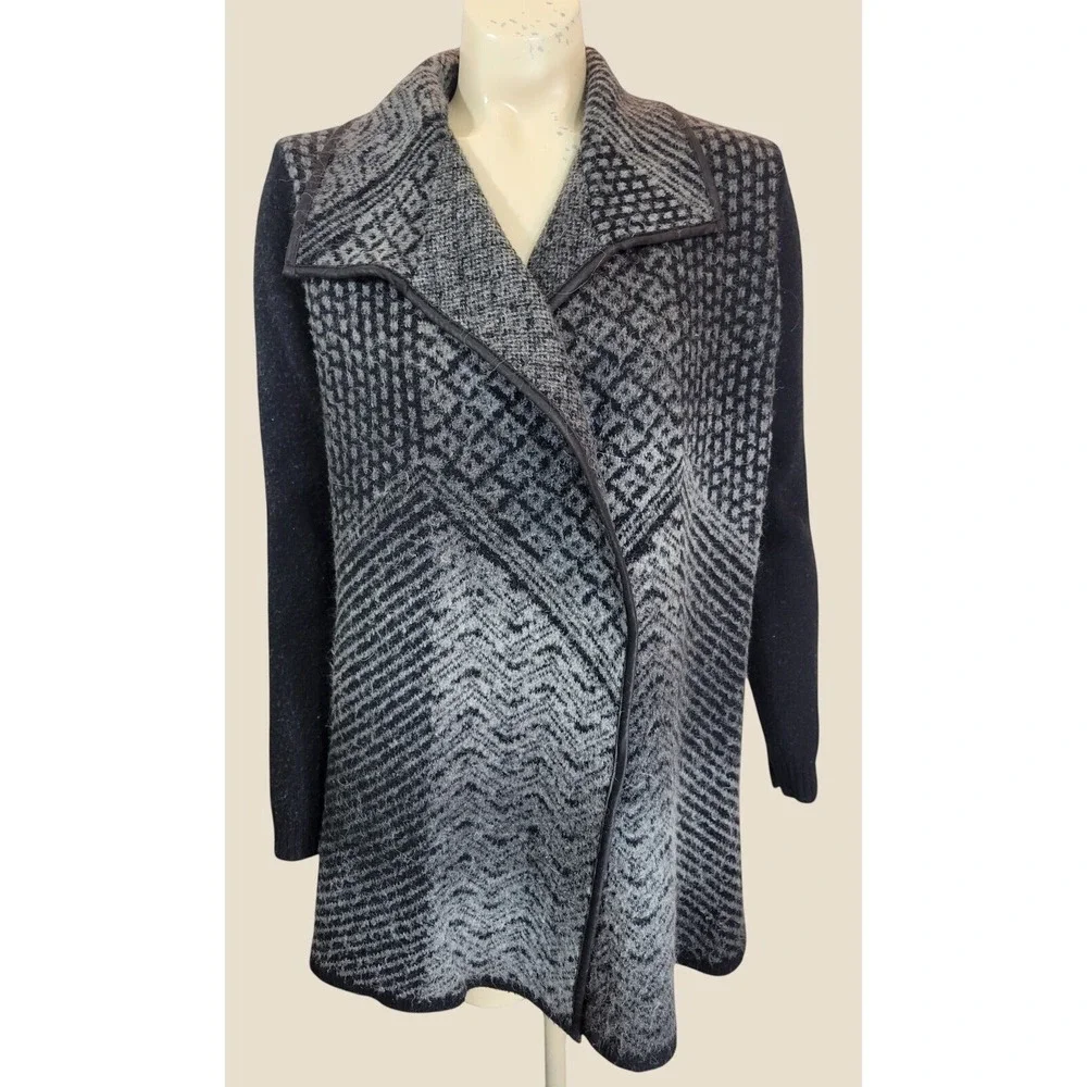 Laura Ashley Cardigan Sweater Geometric Wool Blend Open Front Gray Black PXL